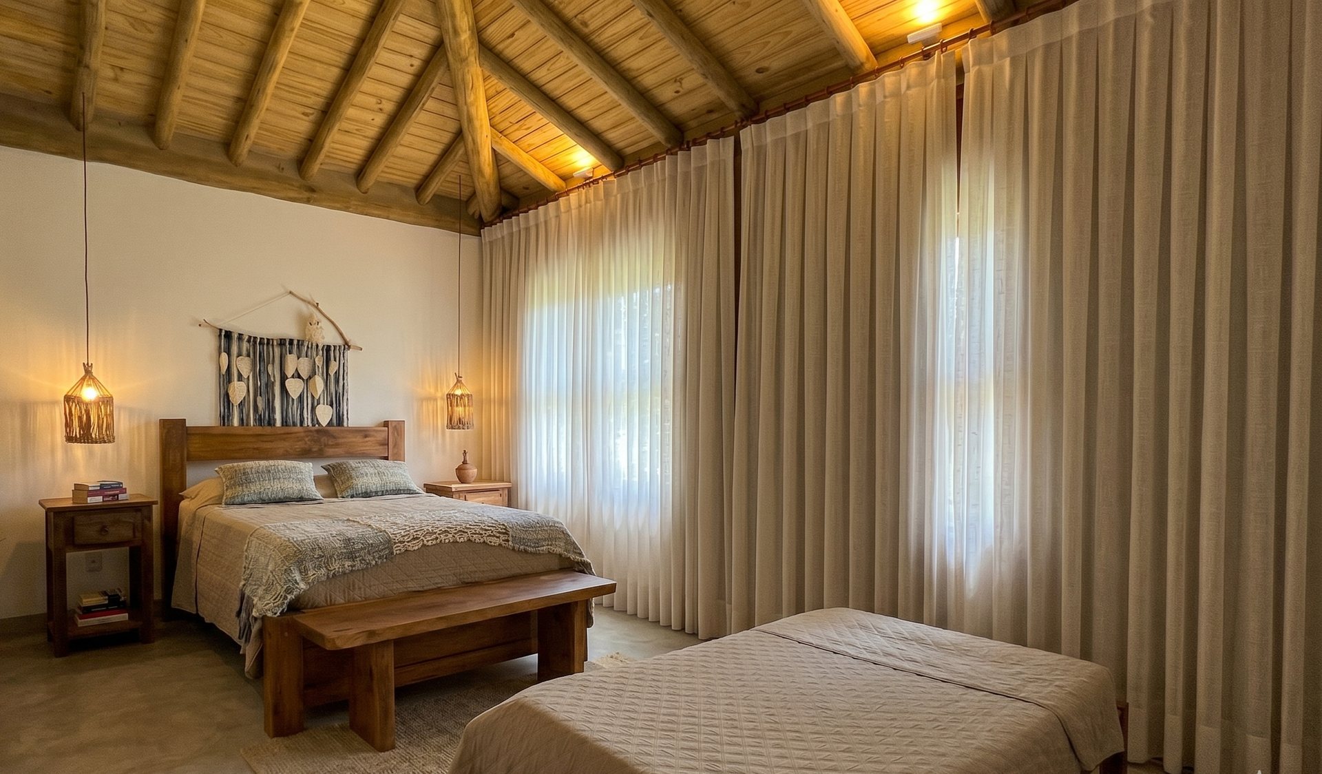 Quarto 2 da Casa Bem Bahia com cama de casal e cama auxiliar em Arraial d’Ajuda