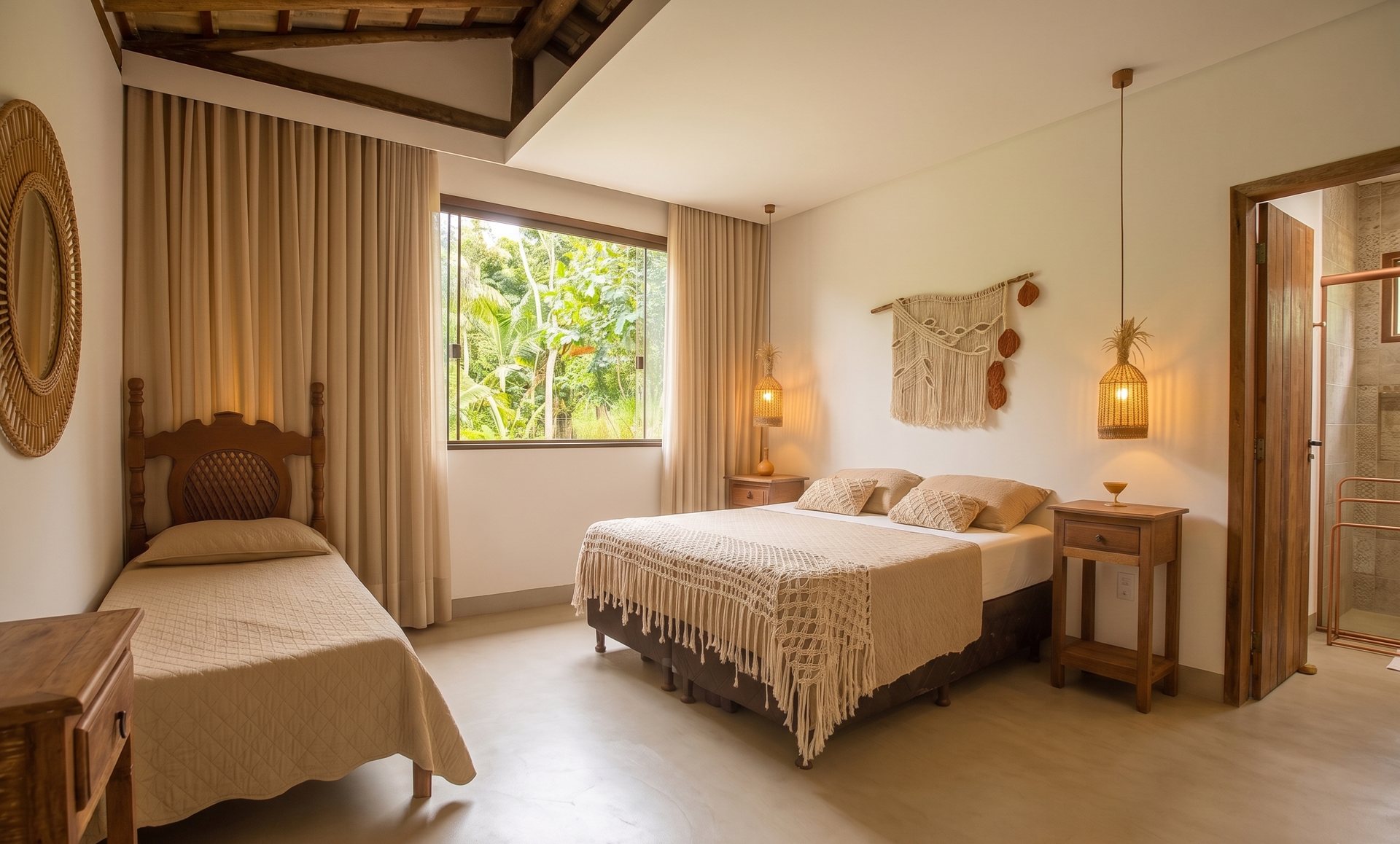 Quarto 3 da Casa Bem Bahia com cama de casal e cama auxiliar em Arraial d’Ajuda