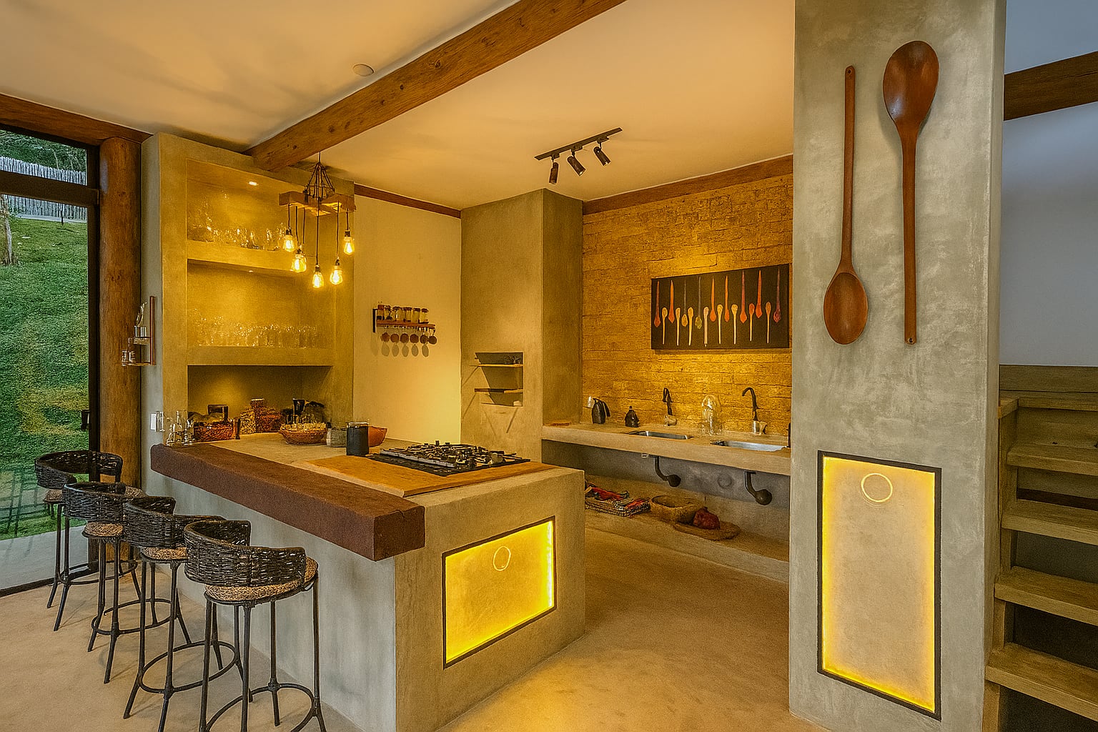 Cozinha integrada da Casa Bem Bahia com bancada, iluminação acolhedora e vista para o jardim